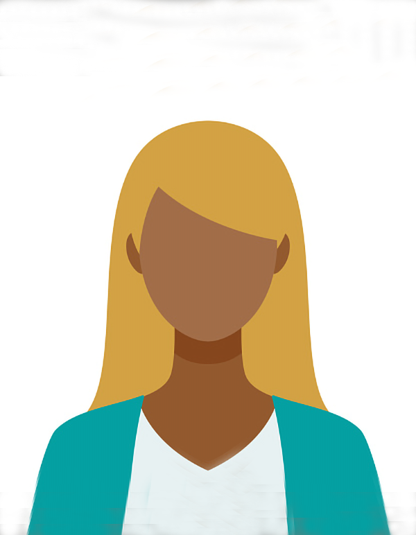 En kvinnlig avatar med blont hår och blå skjorta